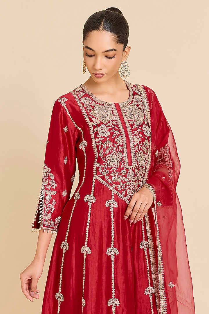 Red Spun Silk Marori Embroidered Wedding Anarkali Set by SURBHI SHAH at Pernia's Pop Up Shop