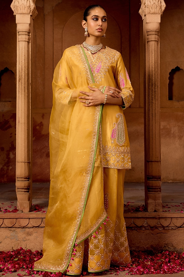 Pastel Mango Organza Mukesh Work Bridal Sharara Set by SURBHI SHAH at Pernia's Pop Up Shop