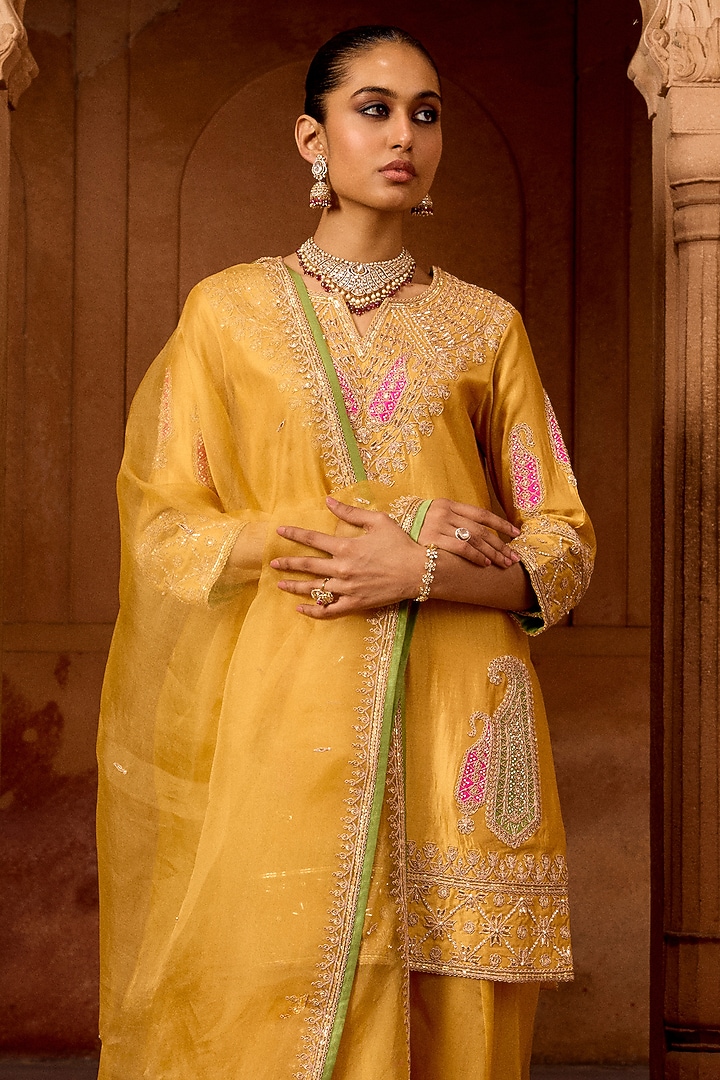 Pastel Mango Organza Mukesh Work Bridal Sharara Set by SURBHI SHAH at Pernia's Pop Up Shop