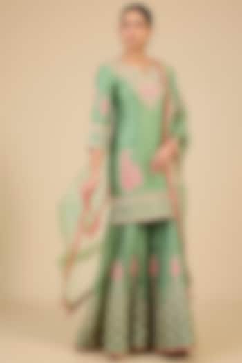 Powder Sage Green Spun Silk Mukaish Work Bridal Sharara Set by Surbhi Shah at Pernia's Pop Up Shop