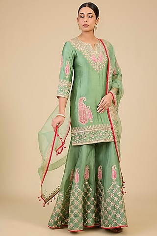 Powder Sage Green Spun Silk Mukaish Work Sharara Set by Surbhi Shah