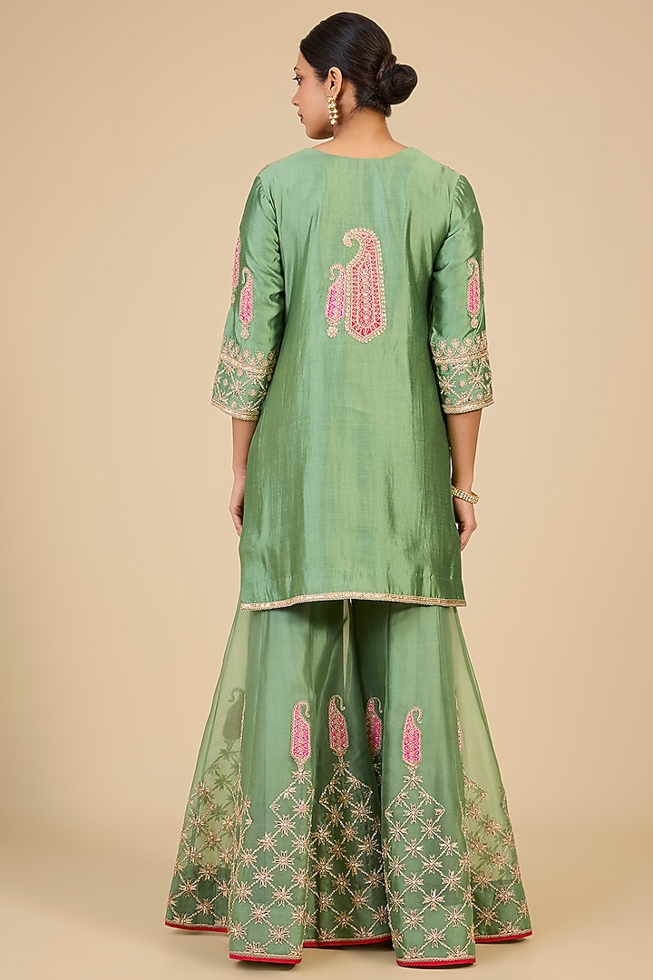 Powder Sage Green Spun Silk Mukaish Work Bridal Sharara Set by Surbhi Shah at Pernia's Pop Up Shop
