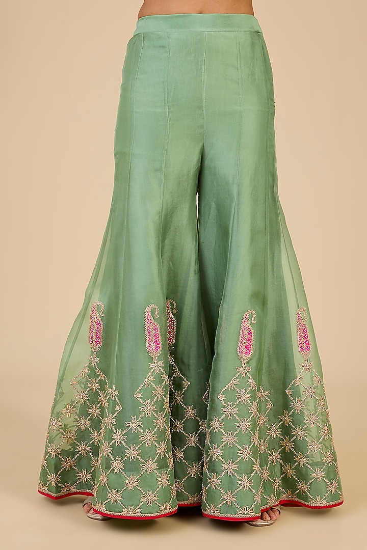 Powder Sage Green Spun Silk Mukaish Work Bridal Sharara Set by Surbhi Shah at Pernia's Pop Up Shop