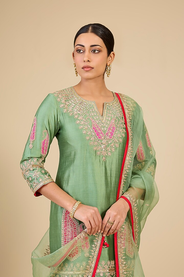 Powder Sage Green Spun Silk Mukaish Work Bridal Sharara Set by Surbhi Shah at Pernia's Pop Up Shop