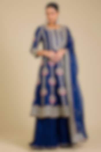 Navy Blue Spun Silk Gota Work Bridal Anarkali Set by SURBHI SHAH at Pernia's Pop Up Shop
