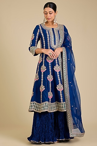 Navy Blue Spun Silk Gota Work Anarkali Set by SURBHI SHAH