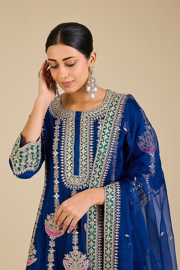 Navy Blue Spun Silk Gota Work Bridal Anarkali Set by SURBHI SHAH at Pernia's Pop Up Shop