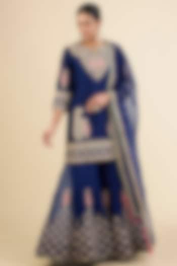 Navy Blue Spun Silk Embroidered Bridal Sharara Set by Surbhi Shah at Pernia's Pop Up Shop