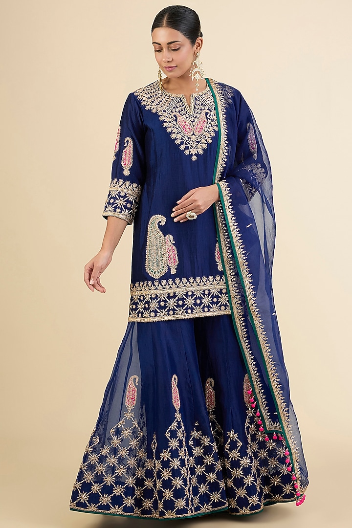 Navy Blue Spun Silk Embroidered Bridal Sharara Set by Surbhi Shah at Pernia's Pop Up Shop