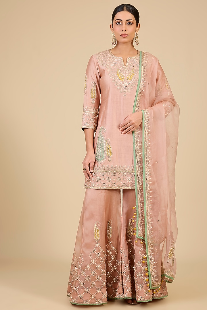 Old Rose Organza Mukaish Work Bridal Sharara Set by Surbhi Shah at Pernia's Pop Up Shop