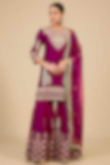 Berry Magenta Organza Mukaish Work Bridal Sharara Set by Surbhi Shah at Pernia's Pop Up Shop