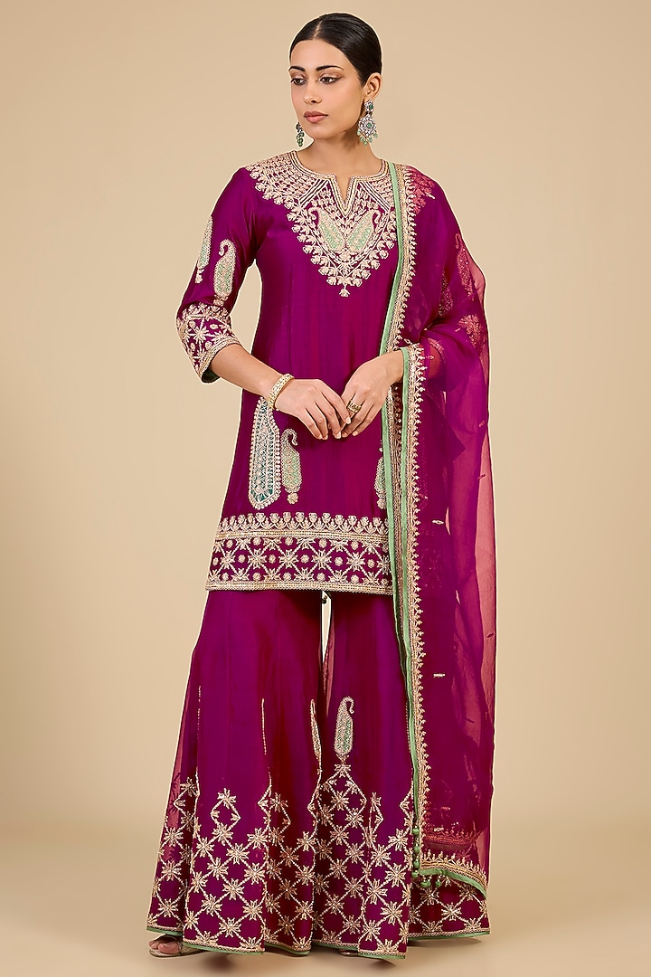 Berry Magenta Organza Mukaish Work Bridal Sharara Set by Surbhi Shah at Pernia's Pop Up Shop