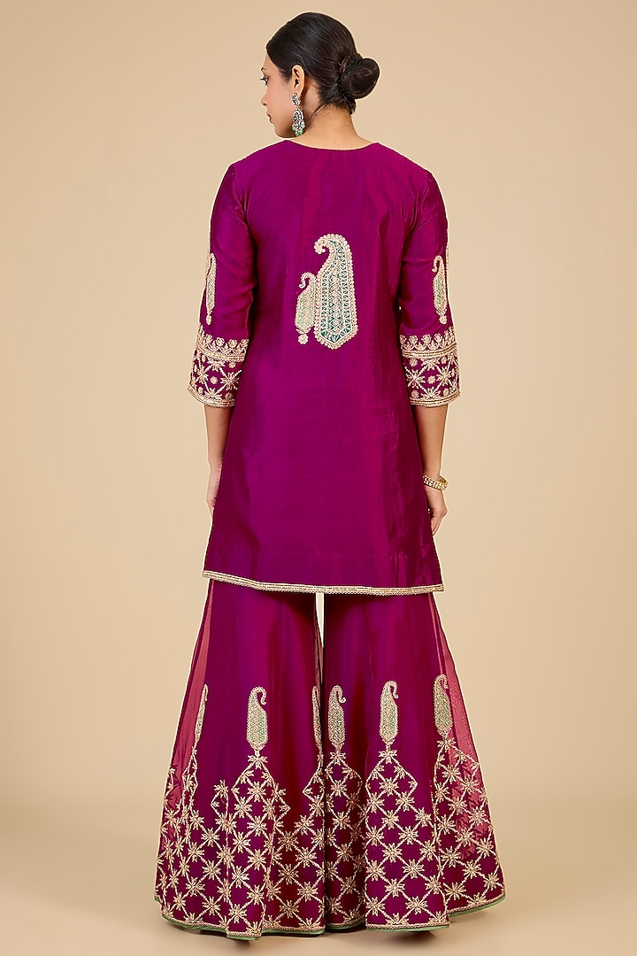 Berry Magenta Organza Mukaish Work Bridal Sharara Set by Surbhi Shah at Pernia's Pop Up Shop