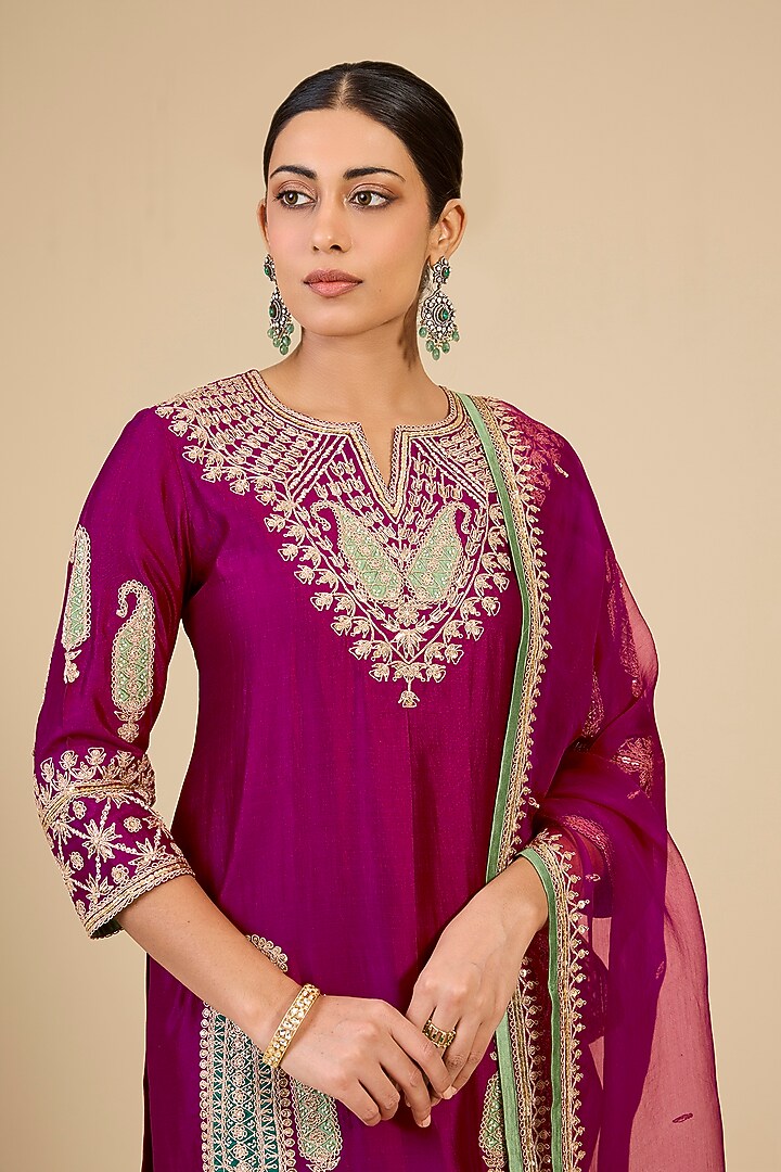 Berry Magenta Organza Mukaish Work Bridal Sharara Set by Surbhi Shah at Pernia's Pop Up Shop