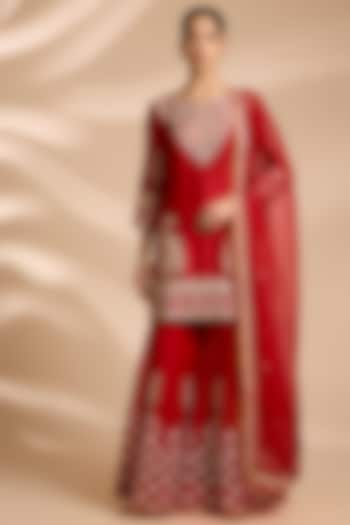 Red Spun Silk Mukaish Embroidered Bridal Sharara Set by Surbhi Shah at Pernia's Pop Up Shop