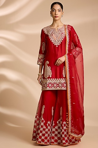 Red Spun Silk Mukaish Embroidered Sharara Set by Surbhi Shah