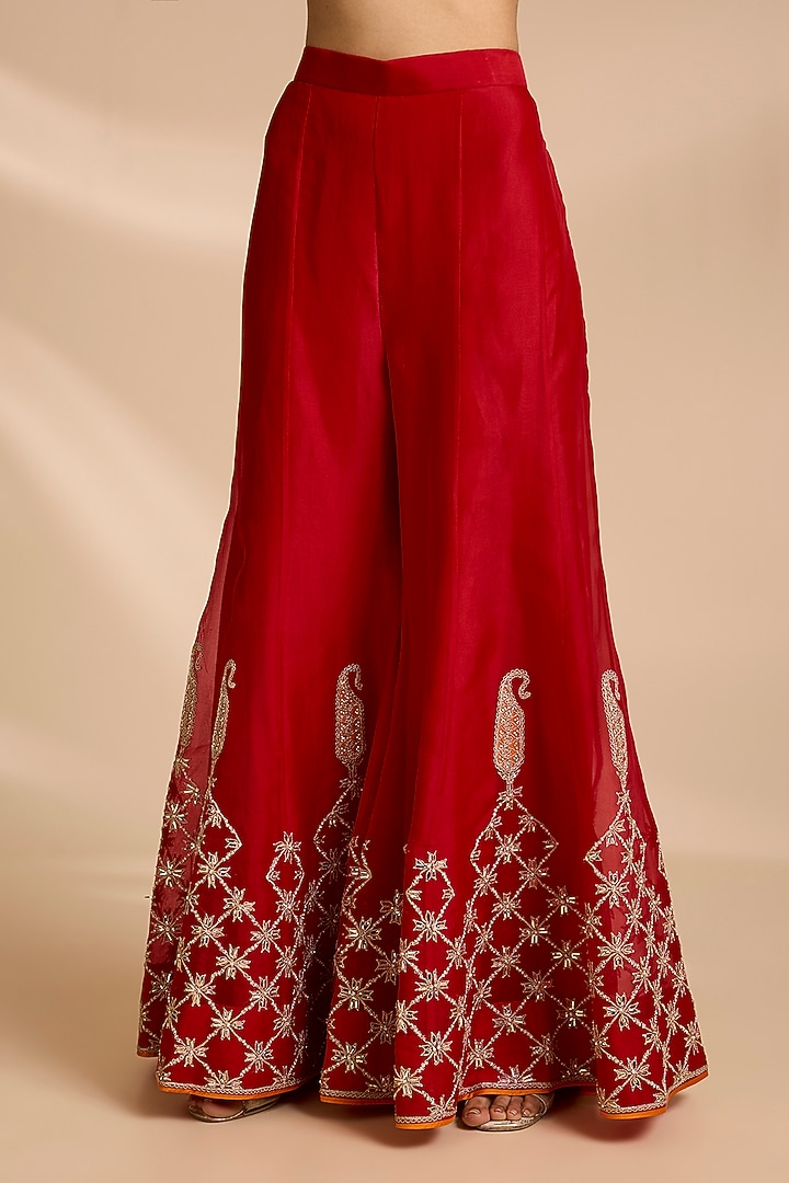 Red Spun Silk Mukaish Embroidered Bridal Sharara Set by Surbhi Shah at Pernia's Pop Up Shop