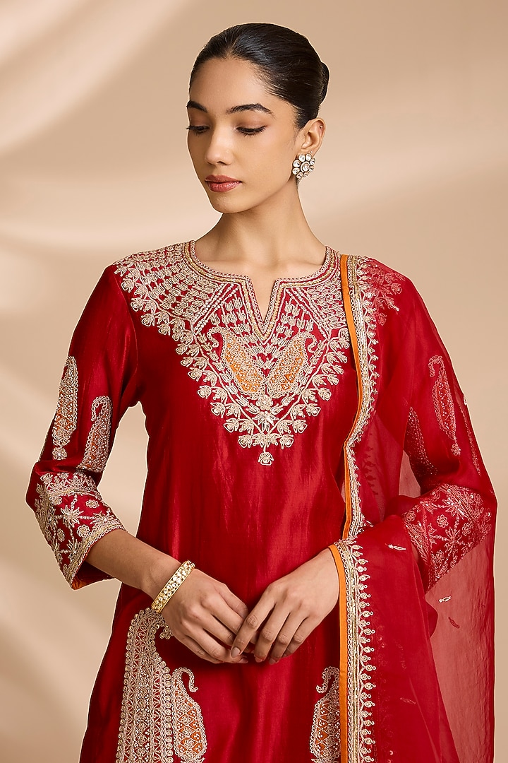 Red Spun Silk Mukaish Embroidered Bridal Sharara Set by Surbhi Shah at Pernia's Pop Up Shop