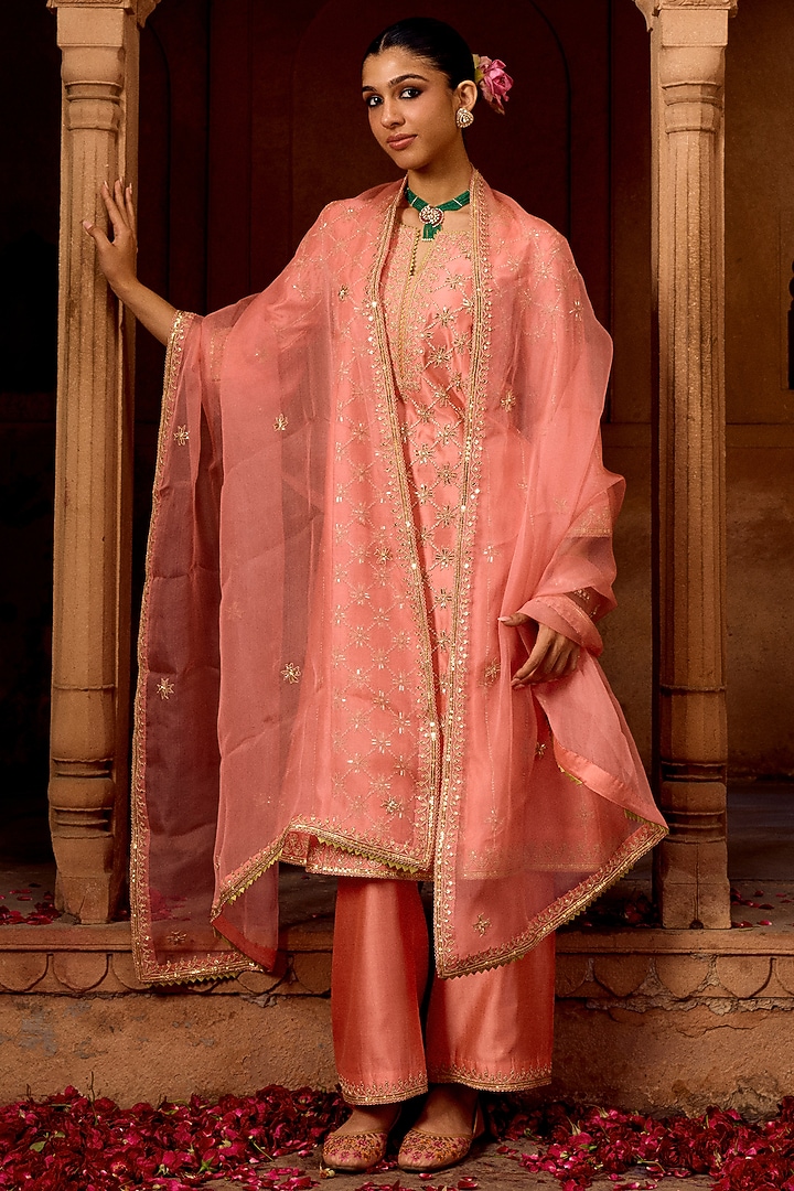 Coral Peach Spun Silk Mukesh Work Kurta Set by SURBHI SHAH at Pernia's Pop Up Shop