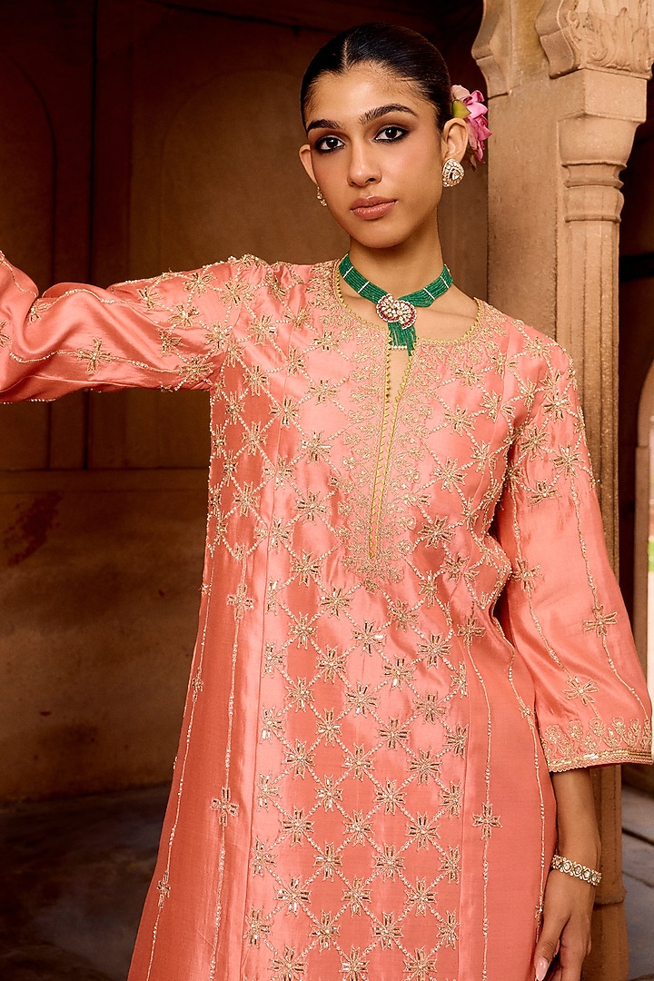 Coral Peach Spun Silk Mukesh Work Kurta Set by SURBHI SHAH at Pernia's Pop Up Shop