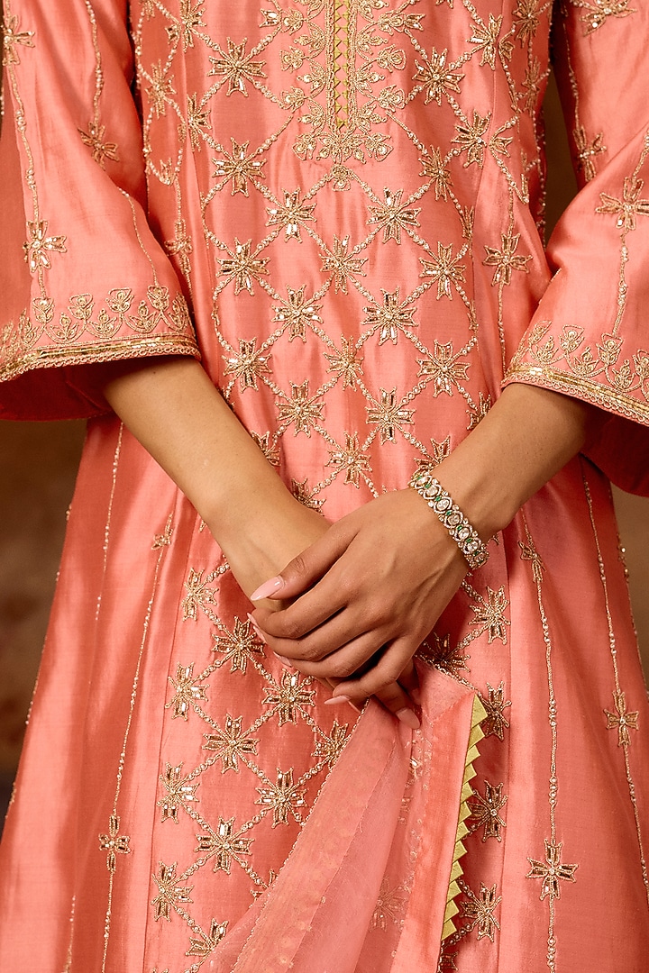 Coral Peach Spun Silk Mukesh Work Kurta Set by SURBHI SHAH at Pernia's Pop Up Shop