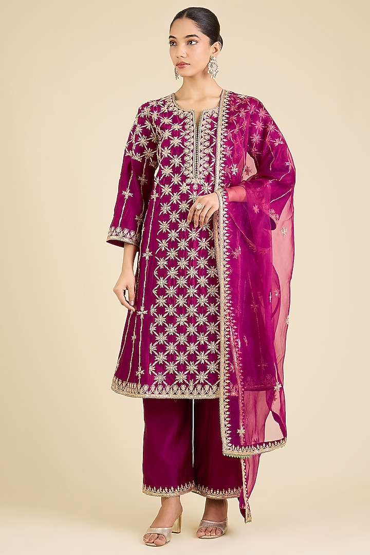 Berry Magenta Spun Silk Embroidered Kurta Set by SURBHI SHAH at Pernia's Pop Up Shop