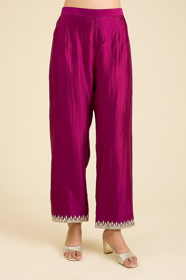 Berry Magenta Spun Silk Embroidered Kurta Set by SURBHI SHAH at Pernia's Pop Up Shop