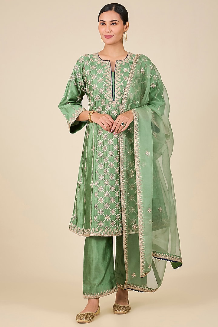 Powder Sage Green Spun Silk Marori Work Kurta Set by SURBHI SHAH at Pernia's Pop Up Shop