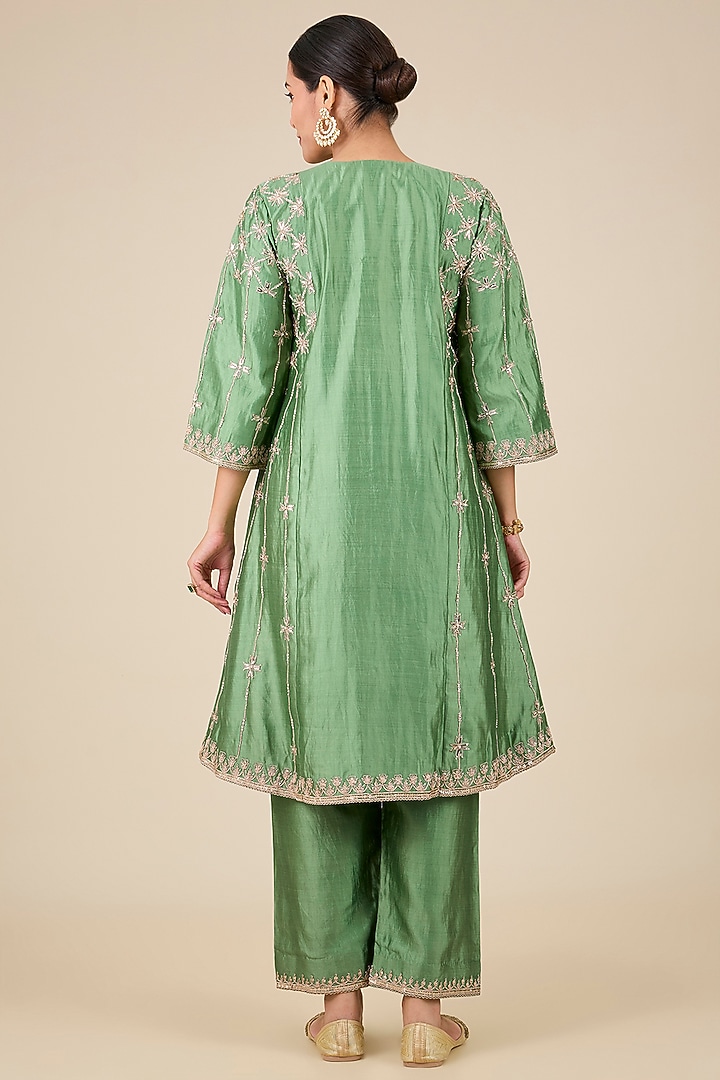 Powder Sage Green Spun Silk Marori Work Kurta Set by SURBHI SHAH at Pernia's Pop Up Shop
