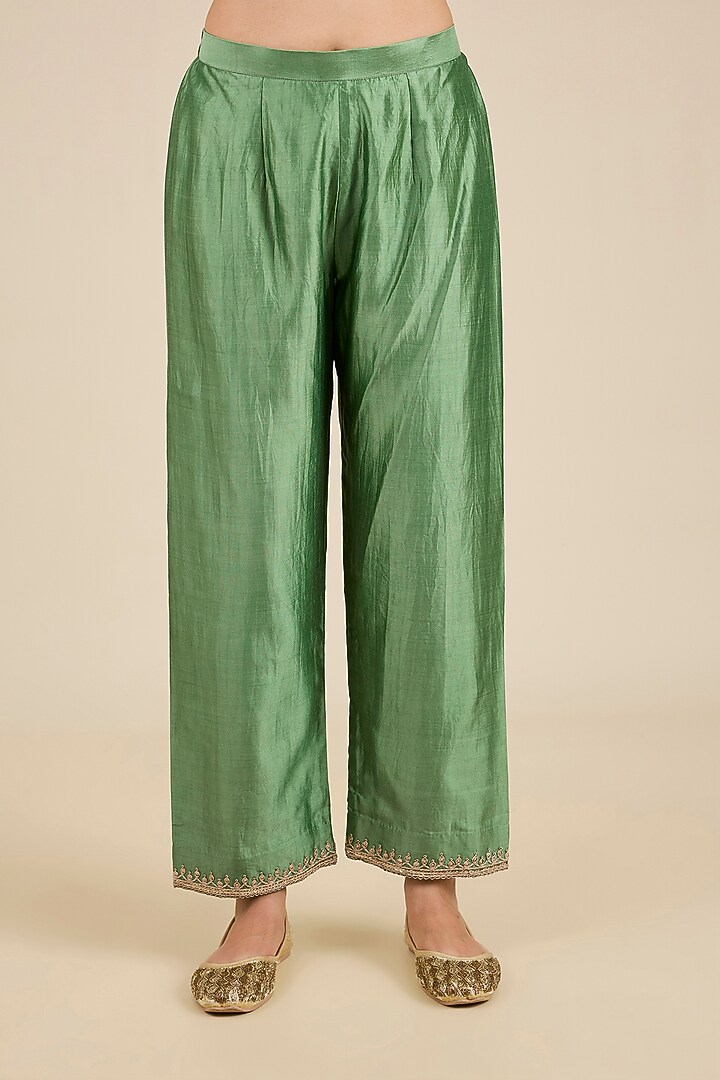 Powder Sage Green Spun Silk Marori Work Kurta Set by SURBHI SHAH at Pernia's Pop Up Shop