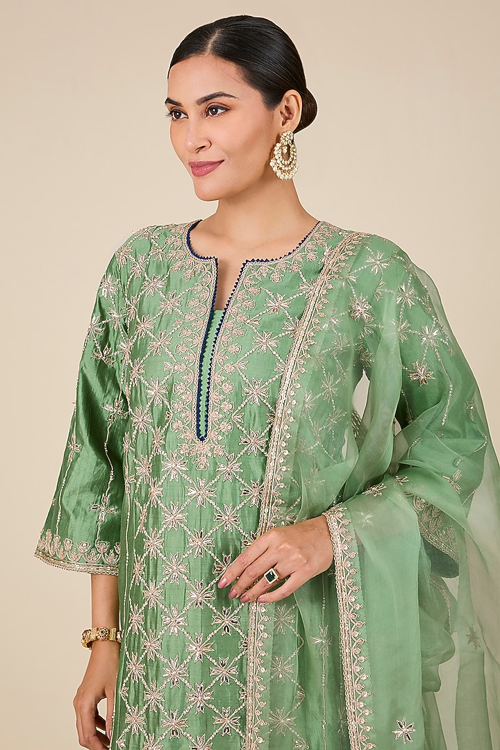 Powder Sage Green Spun Silk Marori Work Kurta Set by SURBHI SHAH at Pernia's Pop Up Shop
