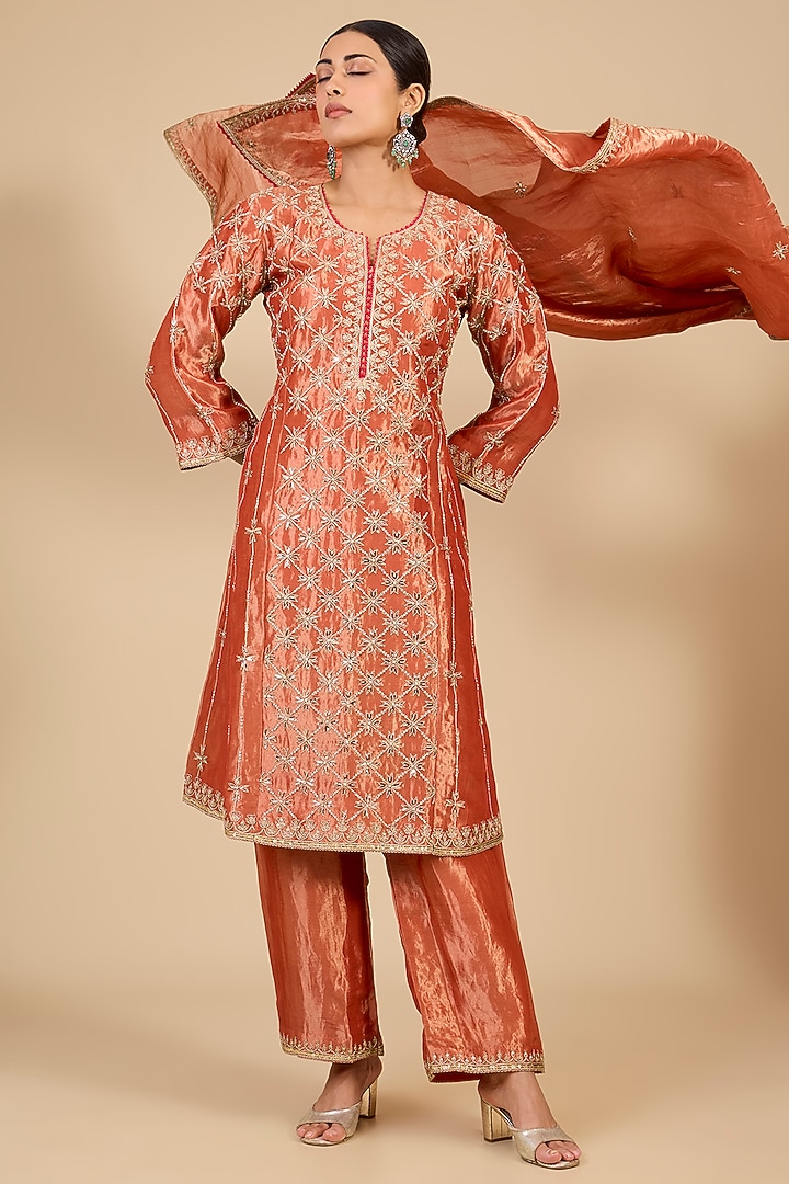Orange Tissue Marori & Mukaish Work Kurta Set by Surbhi Shah at Pernia's Pop Up Shop