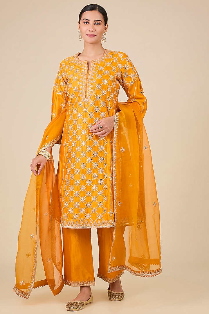 Mango Yellow Spun Silk Mukaish Work Princess-Cut Kurta Set by SURBHI SHAH at Pernia's Pop Up Shop