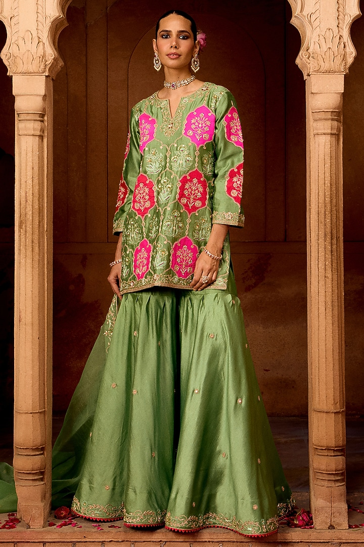 Sage Green Spun Silk Mukesh Work Bridal Sharara Set by SURBHI SHAH at Pernia's Pop Up Shop