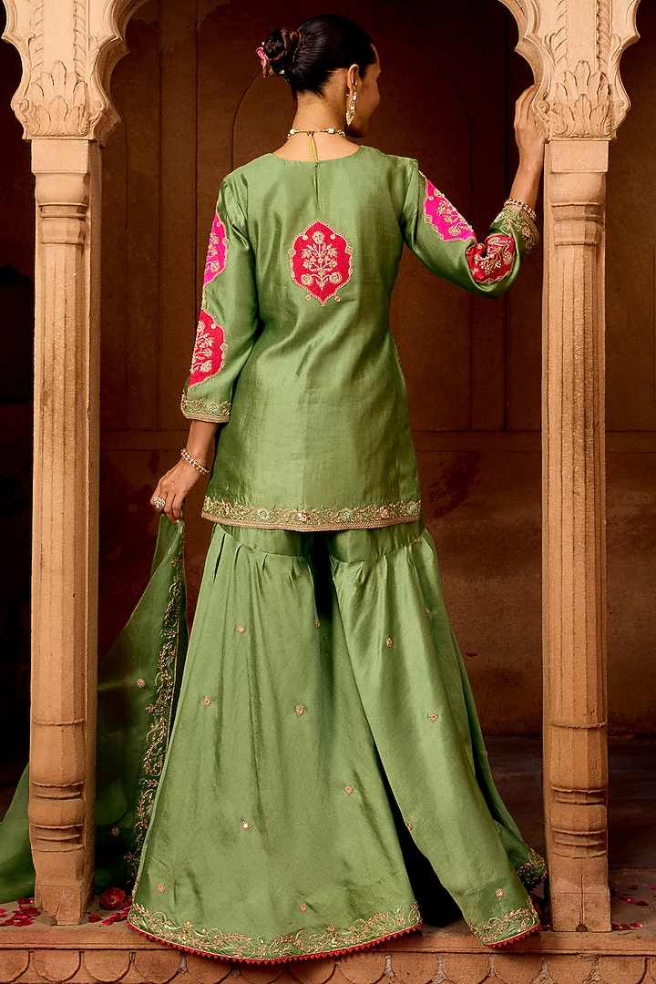 Sage Green Spun Silk Mukesh Work Bridal Sharara Set by SURBHI SHAH at Pernia's Pop Up Shop