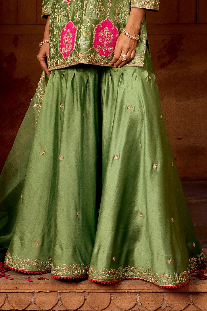 Sage Green Spun Silk Mukesh Work Bridal Sharara Set by SURBHI SHAH at Pernia's Pop Up Shop