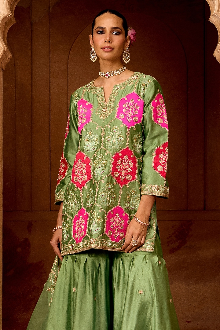 Sage Green Spun Silk Mukesh Work Bridal Sharara Set by SURBHI SHAH at Pernia's Pop Up Shop