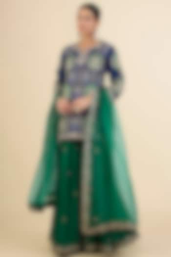 Navy Blue & Emerald Green Spun Silk Embroidered Bridal Sharara Set by Surbhi Shah at Pernia's Pop Up Shop