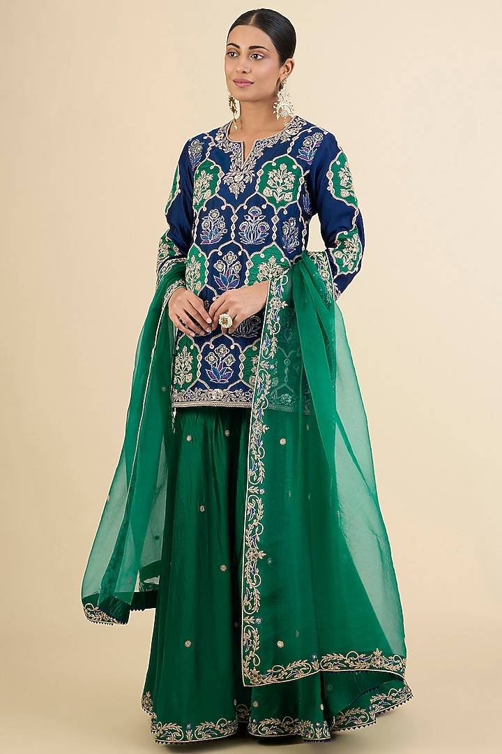 Navy Blue & Emerald Green Spun Silk Embroidered Bridal Sharara Set by Surbhi Shah at Pernia's Pop Up Shop