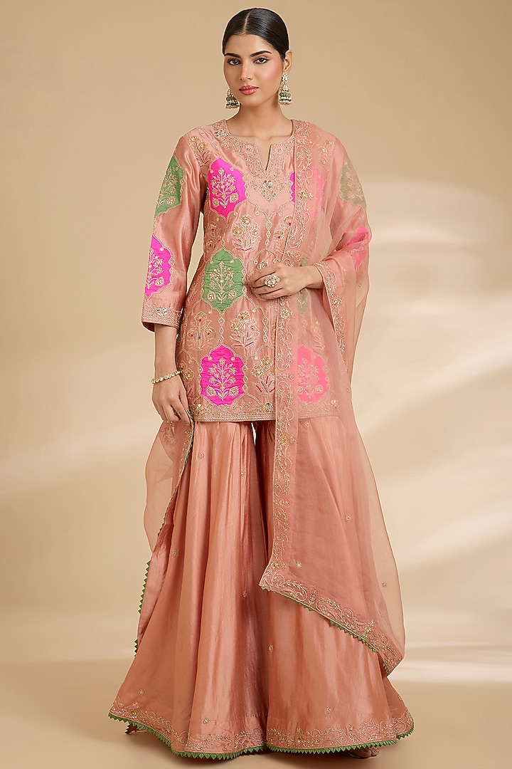 Old Rose Spun Silk Bridal Sharara Set by Surbhi Shah at Pernia's Pop Up Shop
