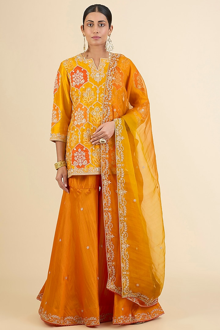 Mango Yellow & Orange Spun Silk Embroidered Bridal Sharara Set by Surbhi Shah at Pernia's Pop Up Shop