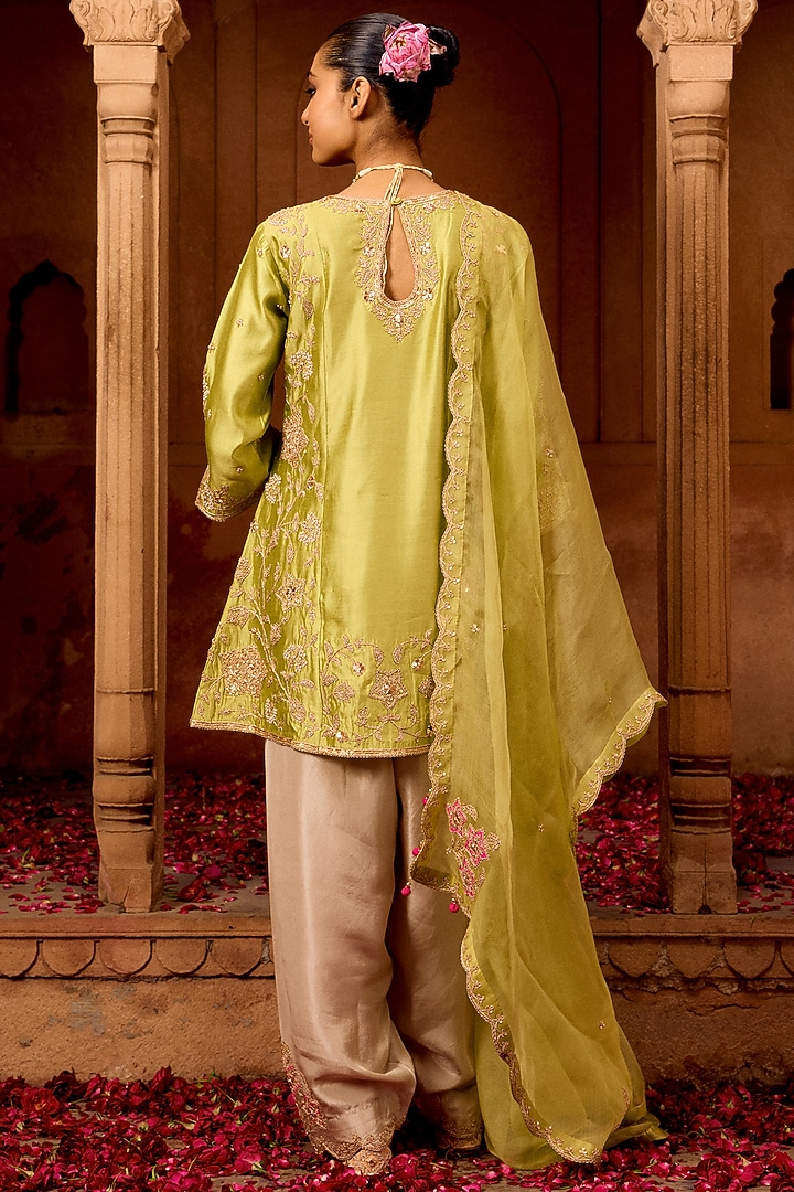 Powder Lemon Green Spun Silk Mukesh Work Kurta Set by SURBHI SHAH at Pernia's Pop Up Shop