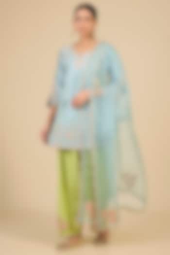 Sea Blue Spun Silk Mukaish & Marori Work Kurta Set by Surbhi Shah at Pernia's Pop Up Shop