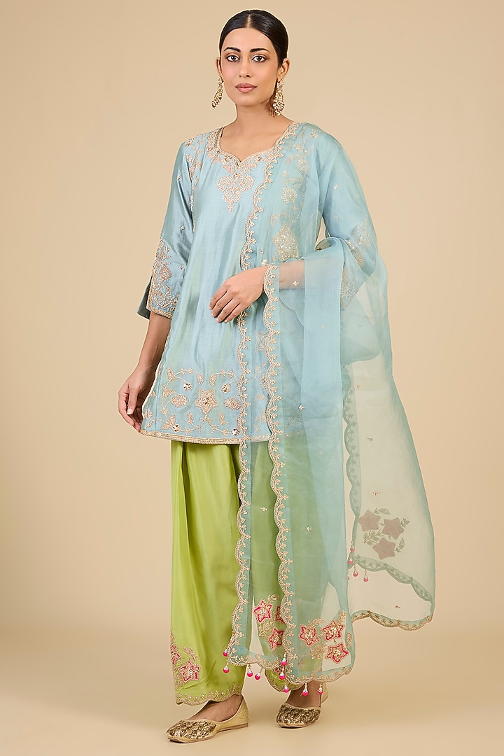 Sea Blue Spun Silk Mukaish & Marori Work Kurta Set by Surbhi Shah at Pernia's Pop Up Shop
