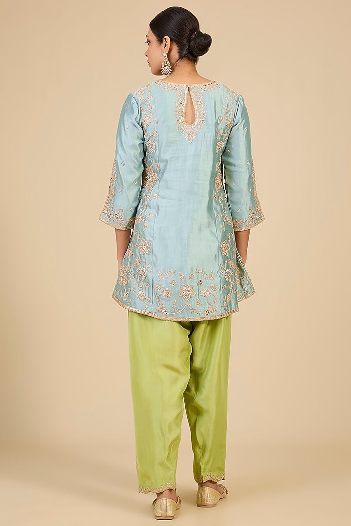 Sea Blue Spun Silk Mukaish & Marori Work Kurta Set by Surbhi Shah at Pernia's Pop Up Shop