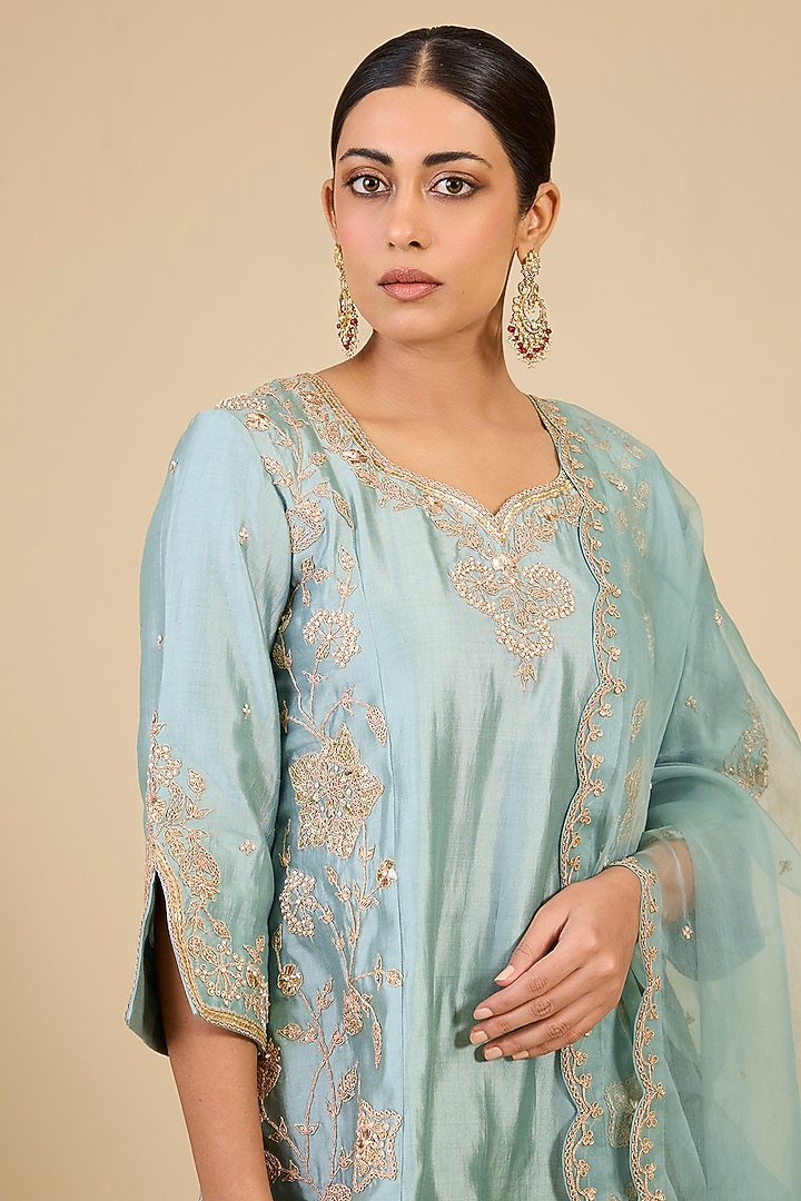Sea Blue Spun Silk Mukaish & Marori Work Kurta Set by Surbhi Shah at Pernia's Pop Up Shop