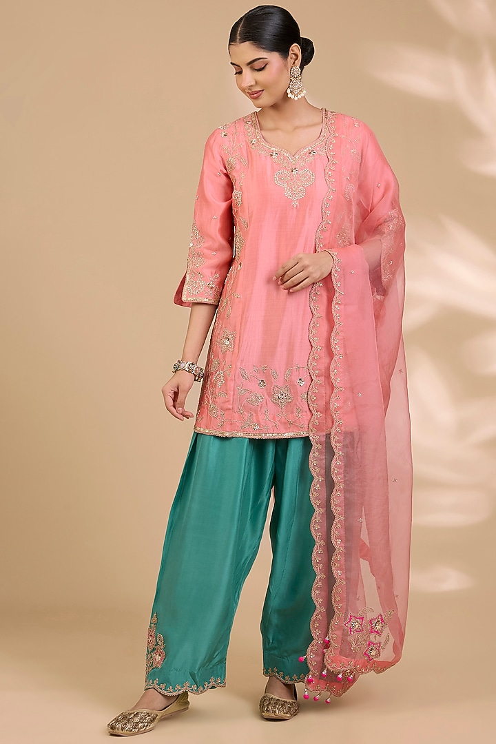 Coral Peach Spun Silk Patch Work Kurta Set by SURBHI SHAH at Pernia's Pop Up Shop