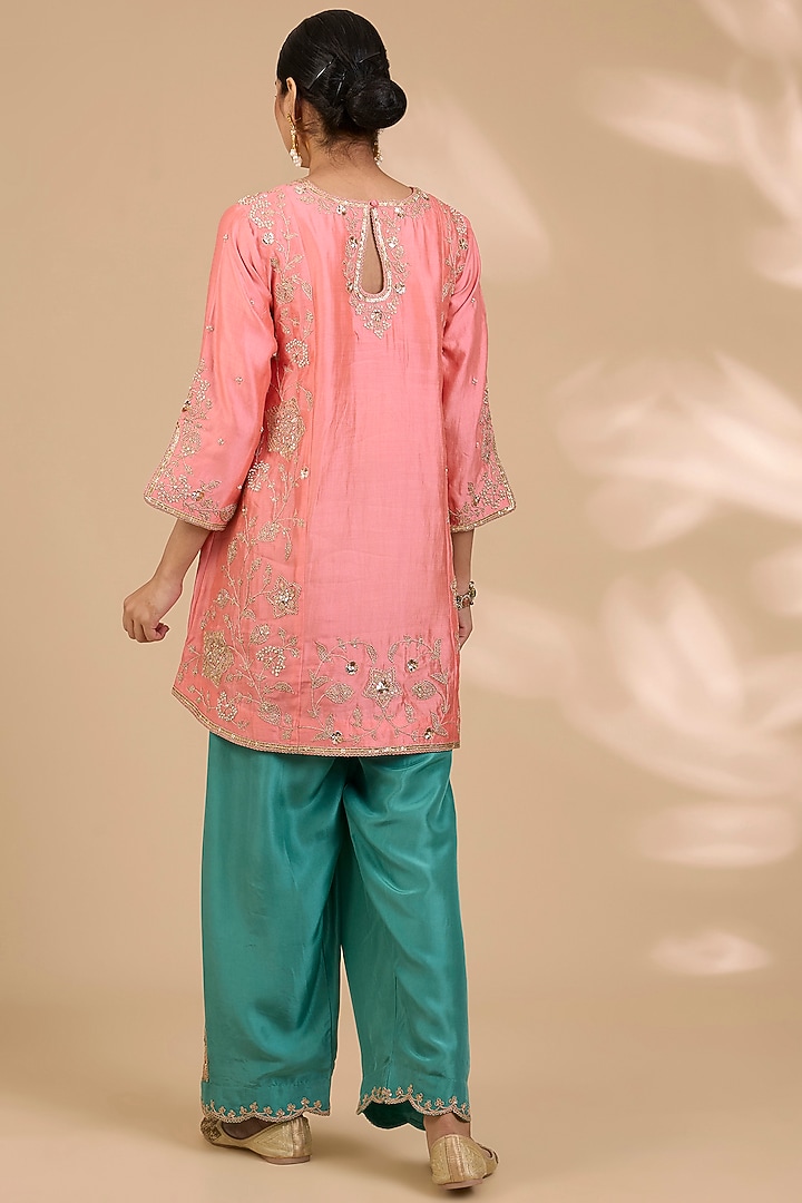 Coral Peach Spun Silk Patch Work Kurta Set by SURBHI SHAH at Pernia's Pop Up Shop