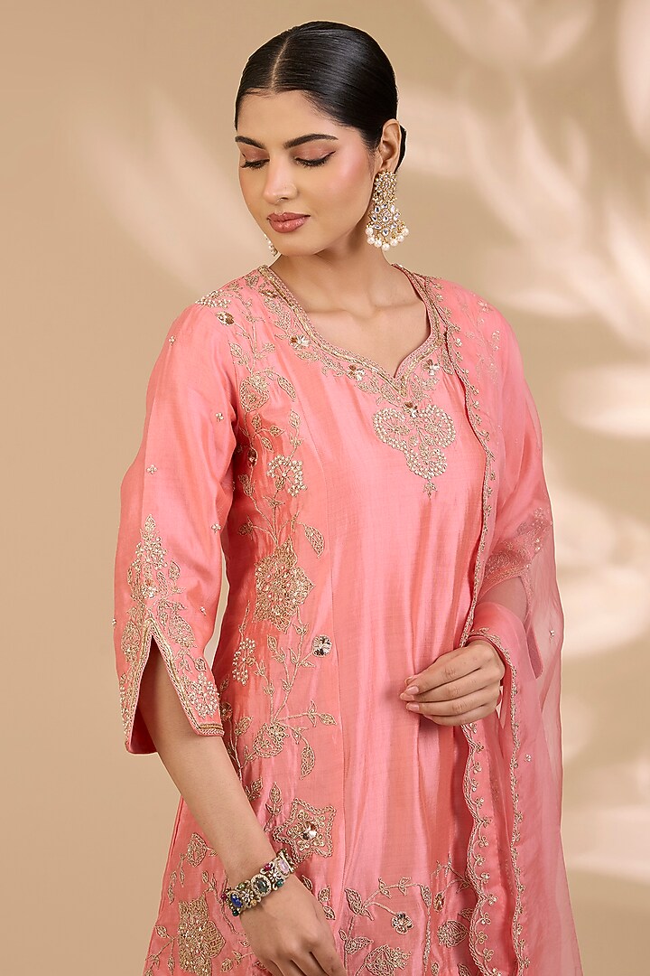 Coral Peach Spun Silk Patch Work Kurta Set by SURBHI SHAH at Pernia's Pop Up Shop