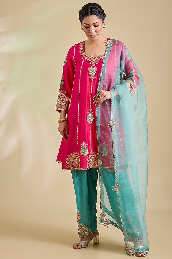 Strawberry Red Spun Silk Marori Embroidered Kurta Set by SURBHI SHAH at Pernia's Pop Up Shop